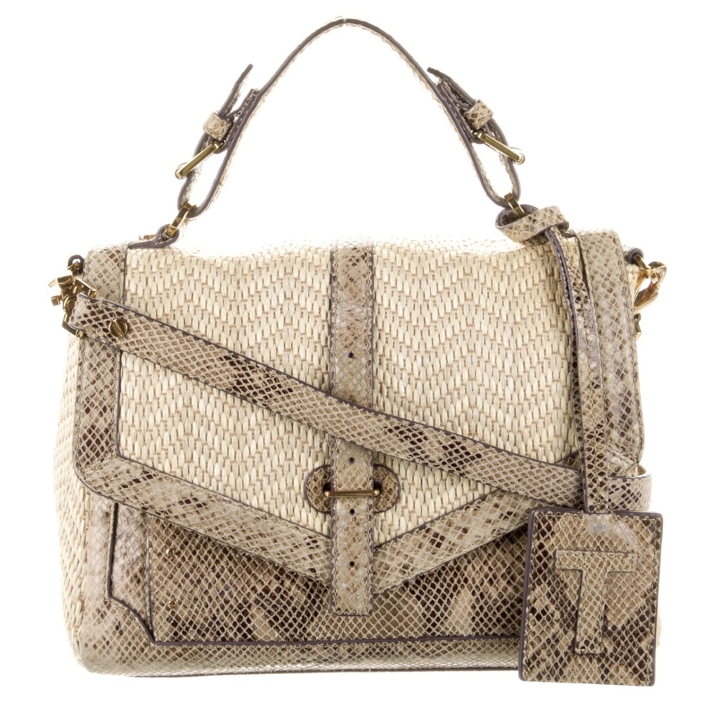 NWOT Tory Burch Natural Raffia Snakeskin Print Flap Satchel